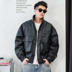 徐太浪【大口袋 字母贴布】PU皮夹克式羽绒服男冬季防寒黑色外套