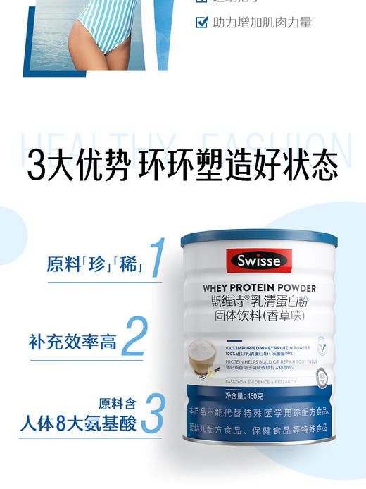 Swisse斯维诗 乳清蛋白粉固体饮料 香草味 蛋白质粉 运动健身营养粉 商品图3