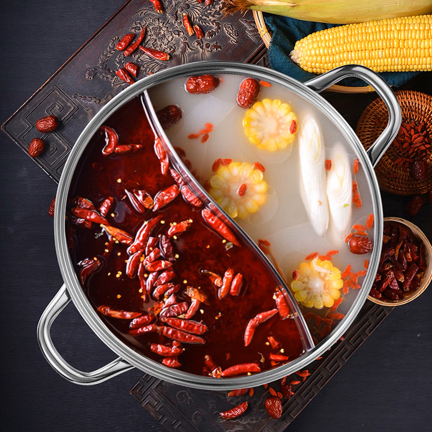 博堡 悦雅鸳鸯火锅 食用级304不锈钢 内直径30CM黄金容量 送不锈钢勺 净重3.5斤