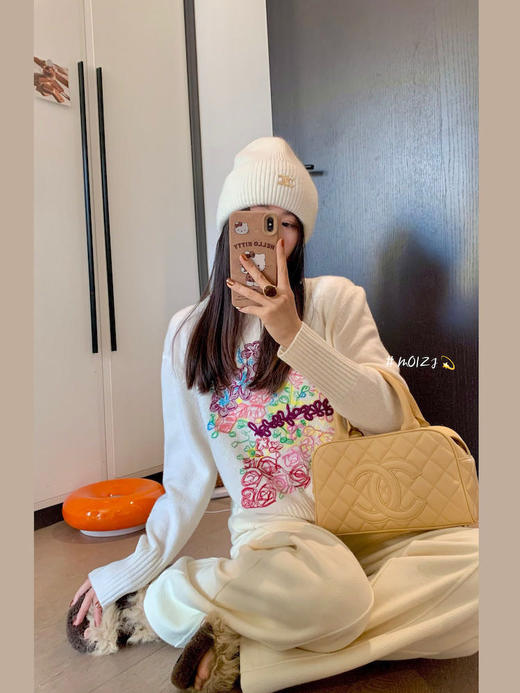 莫奈花园重工彩线花朵刺绣羊毛兔绒混纺针织毛衣 商品图8