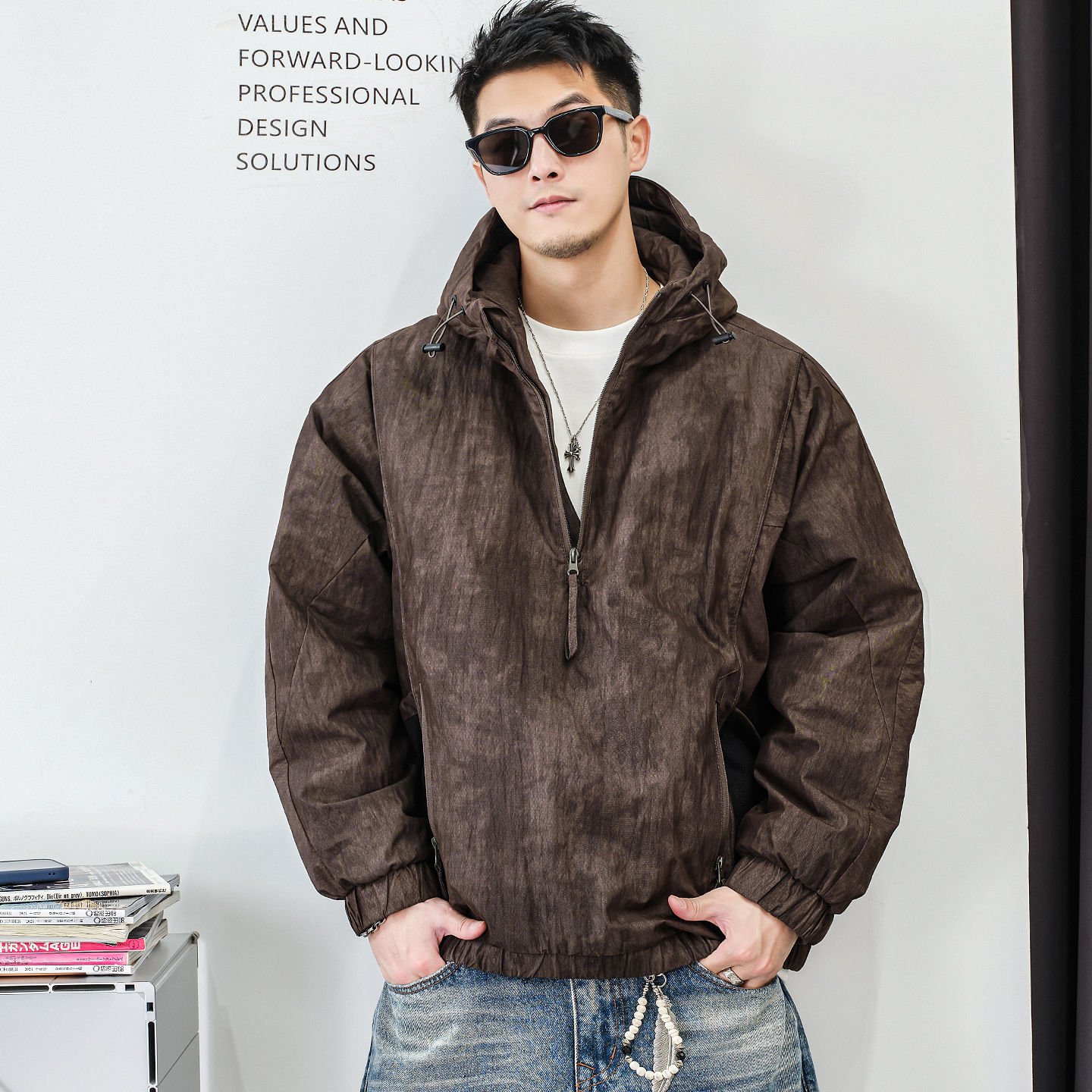 徐太浪【时尚迷彩 抽绳连帽】半拉链羽绒服男冬季保暖防寒服外套