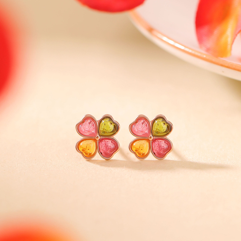 【碧玺四叶草耳钉】敦煌S925纯银镀玫瑰金碧玺时尚轻奢爱心四叶草耳钉心形银耳饰