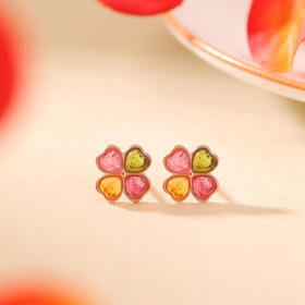 【碧玺四叶草耳钉】敦煌S925纯银镀玫瑰金碧玺时尚轻奢爱心四叶草耳钉心形银耳饰