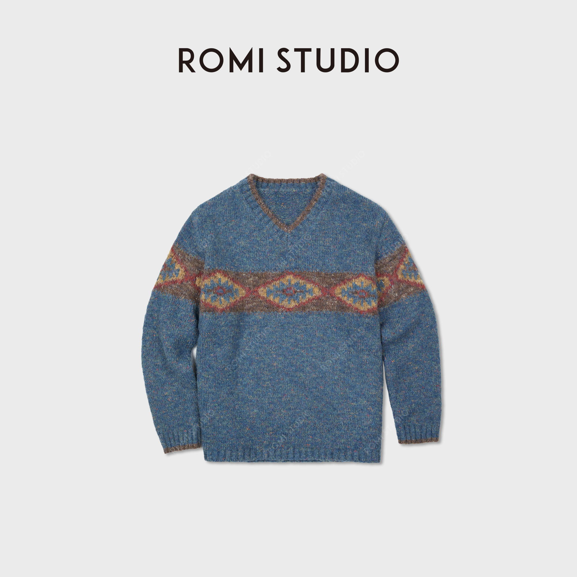 ROMI STUDIO复古感菱格提花图案撞色锁边套头毛衣毛衫 RWCWST6722