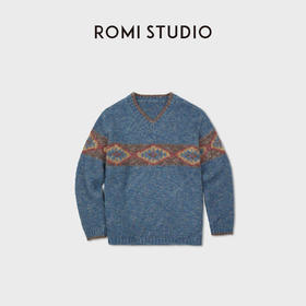 ROMI STUDIO复古感菱格提花图案撞色锁边套头毛衣毛衫 RWCWST6722
