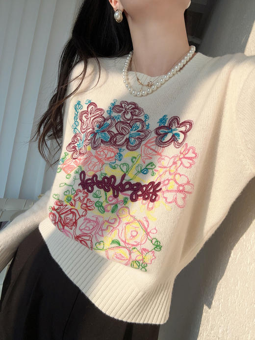莫奈花园重工彩线花朵刺绣羊毛兔绒混纺针织毛衣 商品图9
