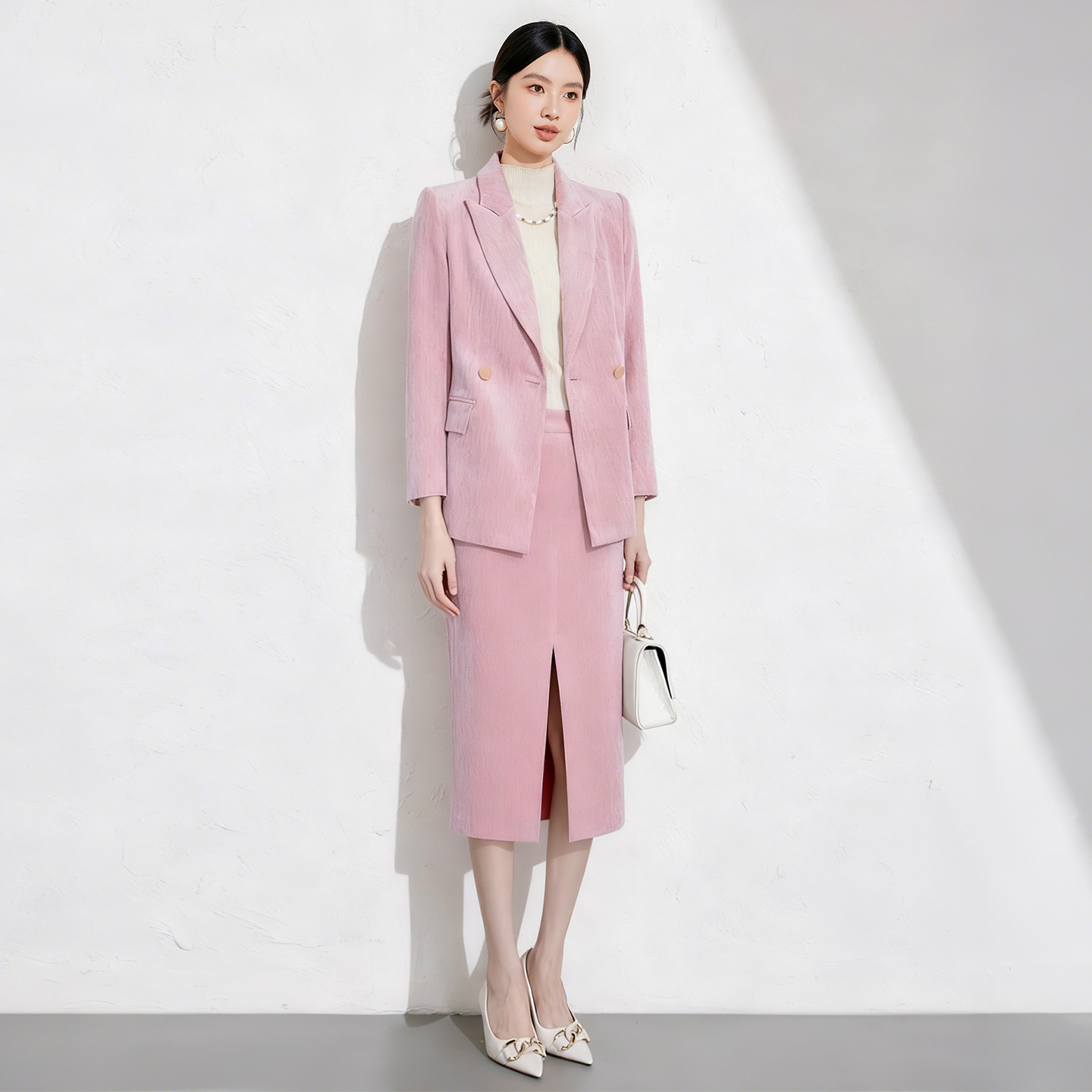 IWY/高级感粉色丝绒西装半裙女秋冬加厚长袖通勤商务职业装正装1024CS038