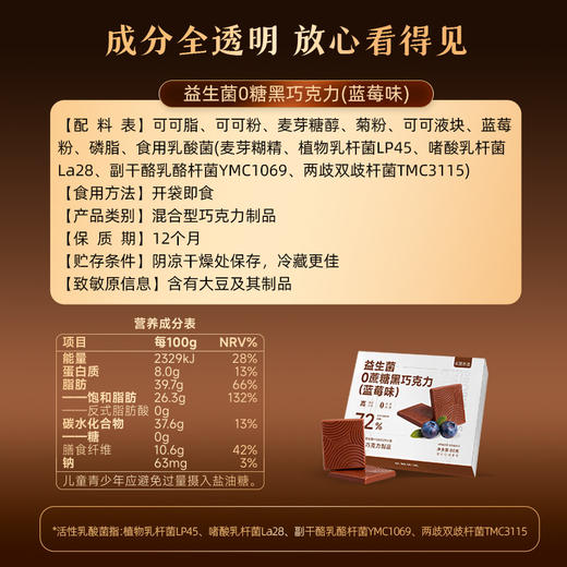 【1216早市直播】【新品】长轻优选 益生菌0糖黑巧克力蓝莓味 80g/盒 入口浓郁黑巧香 商品图4