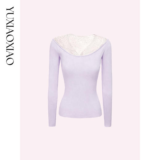余潇潇【念念繁星】气质透肤烫钻网纱拼接V领针织修身打底衫内搭 商品图0