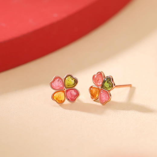 【碧玺四叶草耳钉】敦煌S925纯银镀玫瑰金碧玺时尚轻奢爱心四叶草耳钉心形银耳饰 商品图2