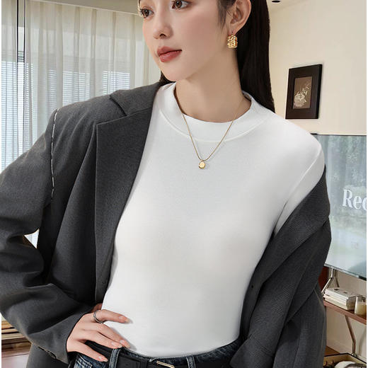 【买一送一】小立领+圆领2款可选 2025年秋冬长袖t恤纯女色修身洋气中领内搭白色上衣半高领打底衫 商品图0