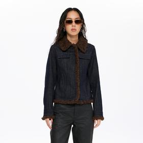 oneup收腰牛仔拼毛外套