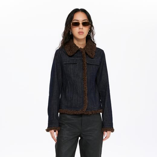 oneup收腰牛仔拼毛外套 商品图0