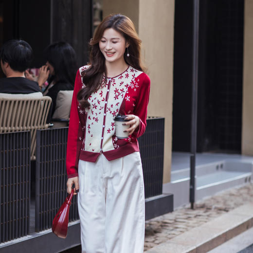 【林栖设计小店】【林栖推荐】（预售）2026早春新款红色与白色撞色羊毛印花针织开衫N1961279 商品图6