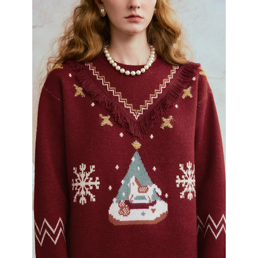 两三事绯雪夜颂2025冬季新款流苏拼接圣诞树雪花图案毛衣裙连衣裙 商品图3