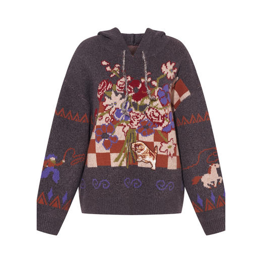 两三事 芳菲往事 2025冬季新款复古花卉图案套头连帽毛衣女宽松 商品图4