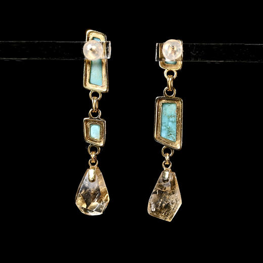 商代绿松石+南亚高古黄水晶不对称耳环 商品图1