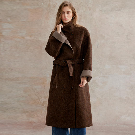 花纱羊毛撞色拼接双排扣长款复古单面毛呢大衣 商品图2