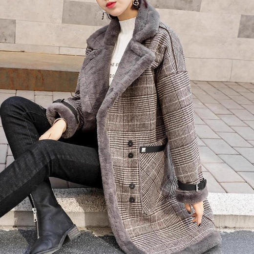 秋冬加绒加厚新款中长款仿羊羔毛小个子毛呢格子大衣女外套 商品图3