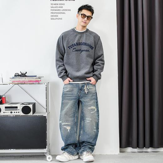 徐太浪【街头风 字母刺绣】加绒卫衣男秋冬款内搭休闲打底衫上衣 商品图3