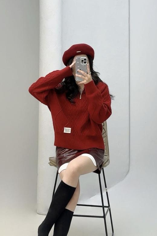 LNNNS 红色吸睛拉链绞花翻领毛衣 21805 商品图1