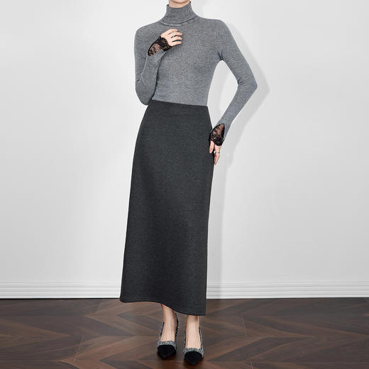 「高货wl」全新升级【铂金会员220/天猫289/差价69】(03327)洛诗琳2025秋冬气质通勤复合加绒平纹高腰毛呢开衩半身裙 商品图0