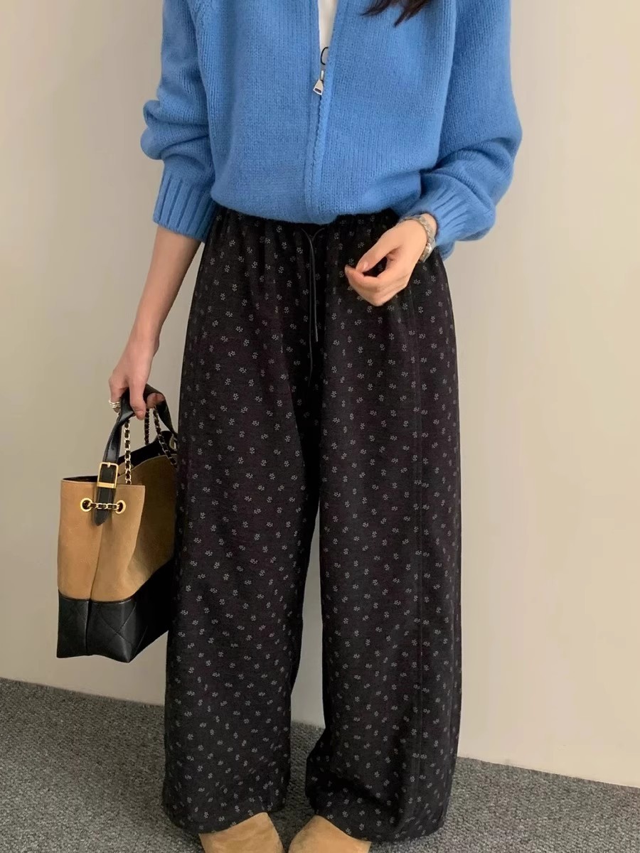 韩系慵懒风碎花加绒阔腿裤