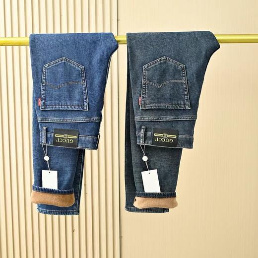 Gucci古驰秋冬新款字母皮标加绒加厚商务休闲弹力直筒牛仔裤。 商品图1