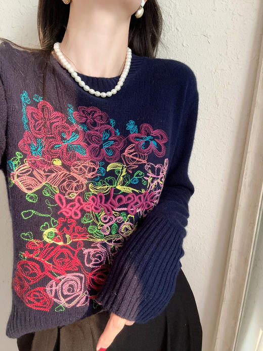 莫奈花园重工彩线花朵刺绣羊毛兔绒混纺针织毛衣 商品图10