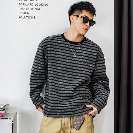 徐太浪【毛绒感 复古条纹】黑色加绒卫衣男秋冬款休闲风男生上衣 商品图0