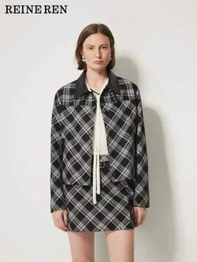 黑白复古格纹短款箱型夹克