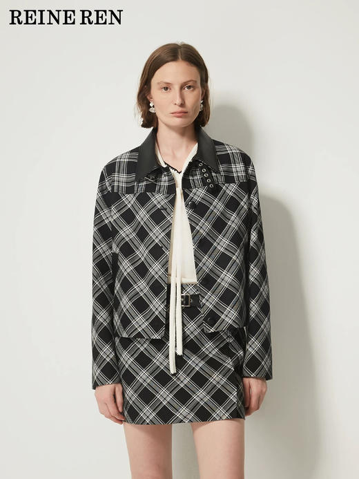 黑白复古格纹短款箱型夹克 商品图0