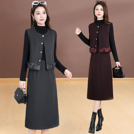 QYM 5506小香风马甲连衣裙两件套花边摆休闲套装 商品图0