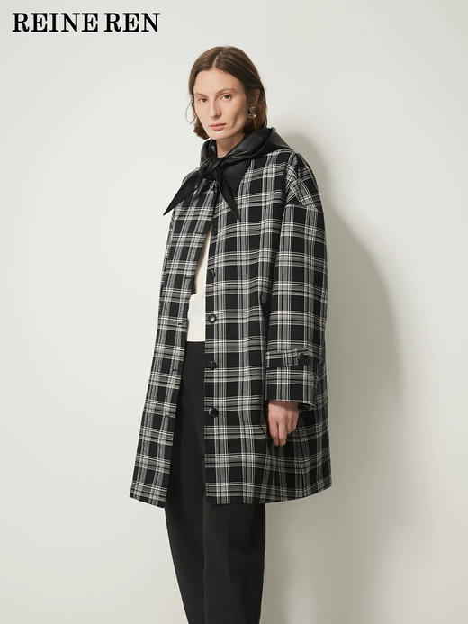复古格纹拼接可脱卸系帽A型中长外套 商品图0