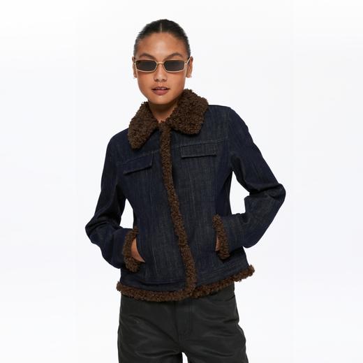 oneup收腰牛仔拼毛外套 商品图1