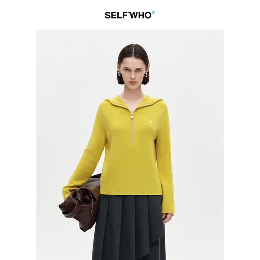 SELFWHO100%绵羊毛半拉链笑脸针织衫女2026春新款毛织连帽衫上衣 商品图0