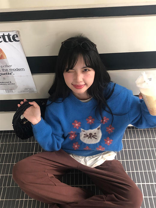 【YW】无忧购可爱猫咪提花圆领毛衣女秋冬宽松百搭减龄针织衫上衣1098#（截单后3-5天发货） 商品图4