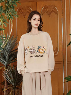 杏色宫廷猫宽松卫衣