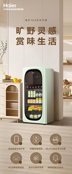 海尔（Haier）【新品】169升风冷无霜冰吧冻藏双温分区存储茶叶饮料水果保湿保鲜柜家用客厅办公室冷藏冷冻酒柜 【新品】烟波绿169L冻藏双温双控