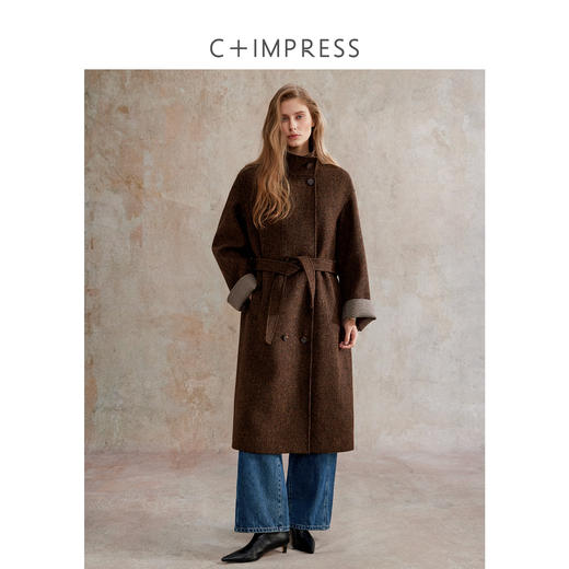 花纱羊毛撞色拼接双排扣长款复古单面毛呢大衣 商品图0