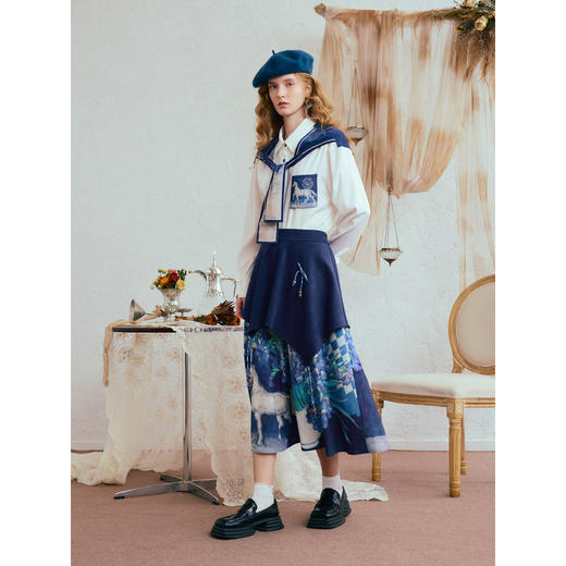 两三事梵高文艺尘间花信2025冬新款复古立体蝴蝶结印花拼布半身裙 商品图2