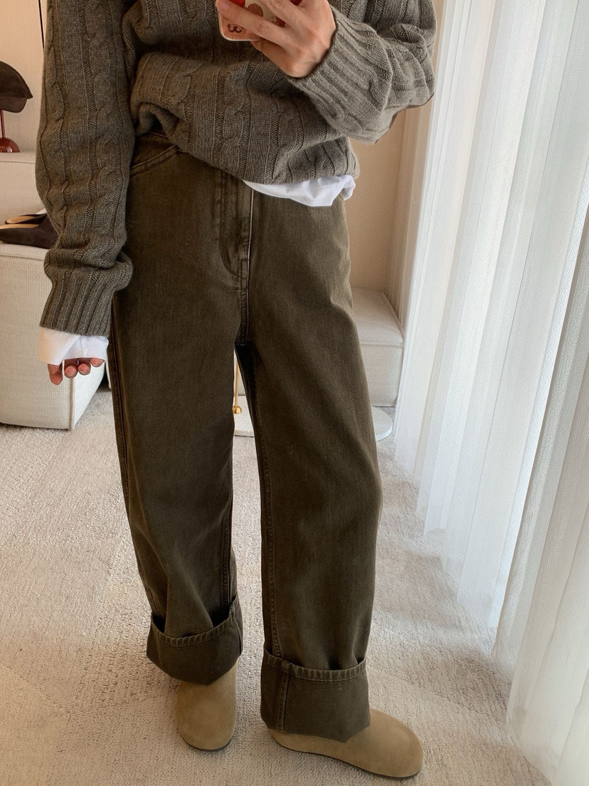 1128-9 微商相册 lew 复古墨绿 小直筒 牛仔裤