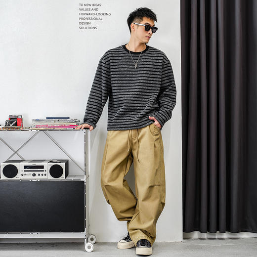 徐太浪【毛绒感 复古条纹】黑色加绒卫衣男秋冬款休闲风男生上衣 商品图3