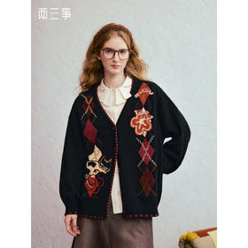 两三事 古着手札 2025冬季新款复古菱形格花色毛衣开衫女宽松