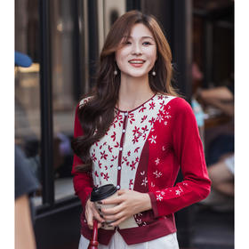 【林栖设计小店】【林栖推荐】（预售）2026早春新款红色与白色撞色羊毛印花针织开衫N1961279