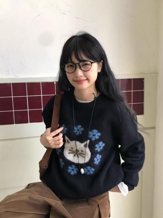 【YW】无忧购可爱猫咪提花圆领毛衣女秋冬宽松百搭减龄针织衫上衣1098#（截单后3-5天发货） 商品图5