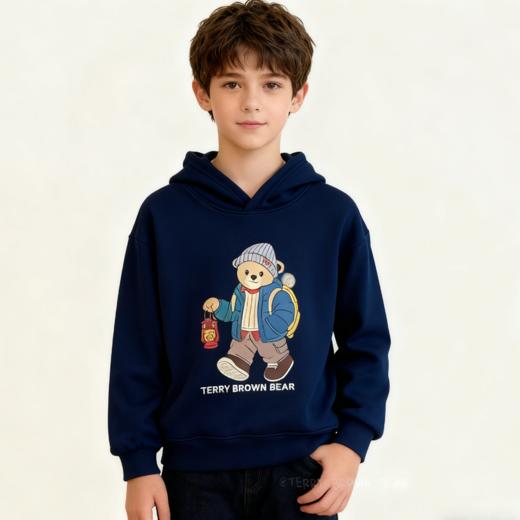 【保暖服饰 丨吾家 儿童小熊连帽卫衣】面料软糯亲肤，内里是复合一体加绒，穿洗不会分层，宽松基础款式，单穿叠穿都好看，搭配马甲也是不错的选择，三个颜色，男女生都能穿 商品图3