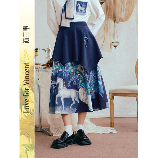 两三事梵高文艺尘间花信2025冬新款复古立体蝴蝶结印花拼布半身裙 商品图0
