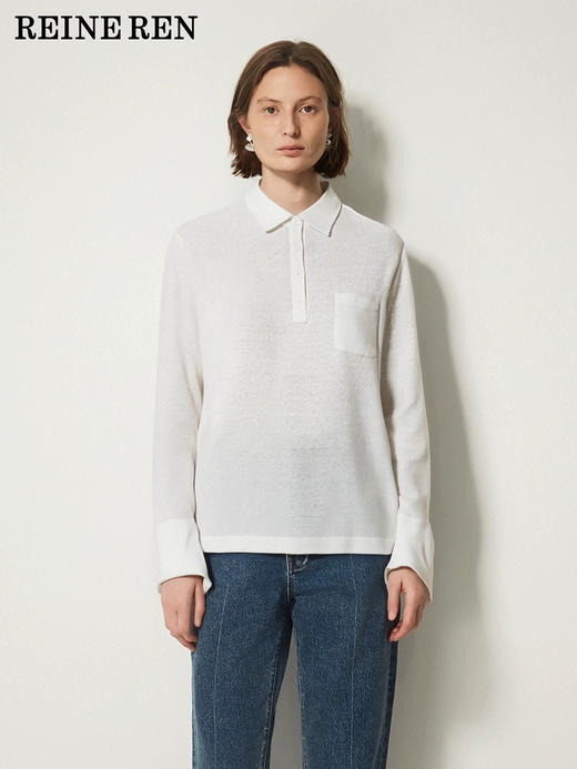 白色长绒棉雪花肌理竹节针织POLO衫 商品图0