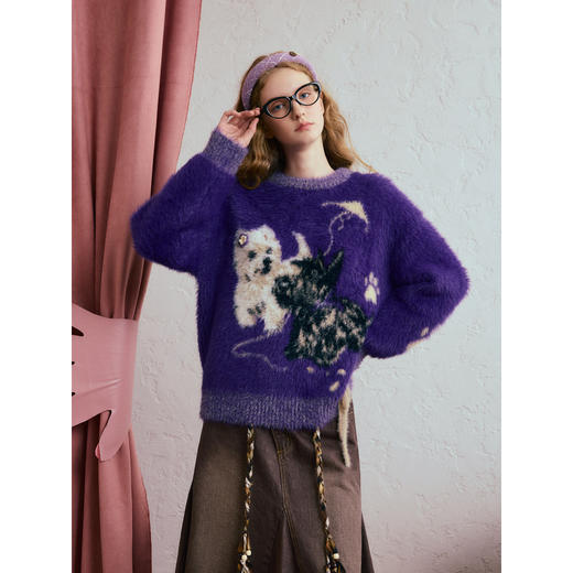 两三事稚趣星云2025冬季新款萌宠图案抽绳绑带下摆毛绒毛衣女宽松 商品图1